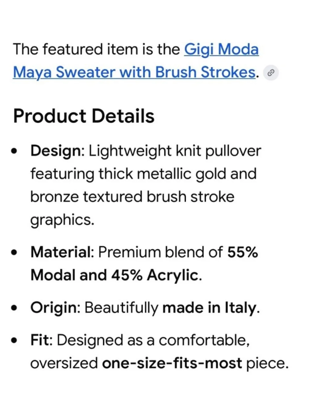 Gigi Moda Maya Knit Sweater With Metallic Brush Stroke Design - One Size f